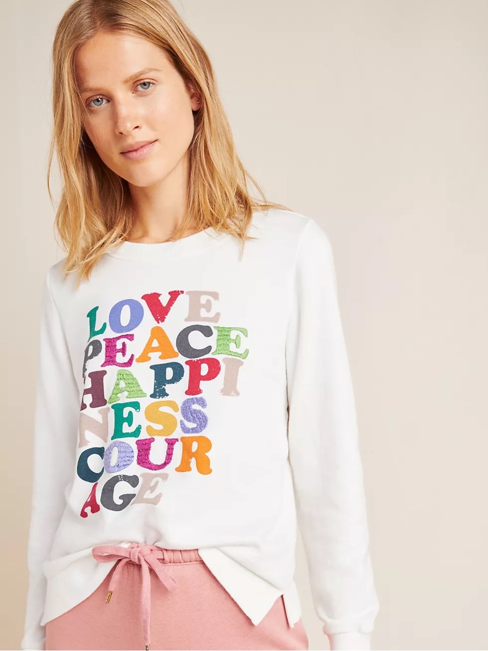 Anthropologie Garima Dhawan Ivory Love Peace Happiness Cotton Pullover Size S